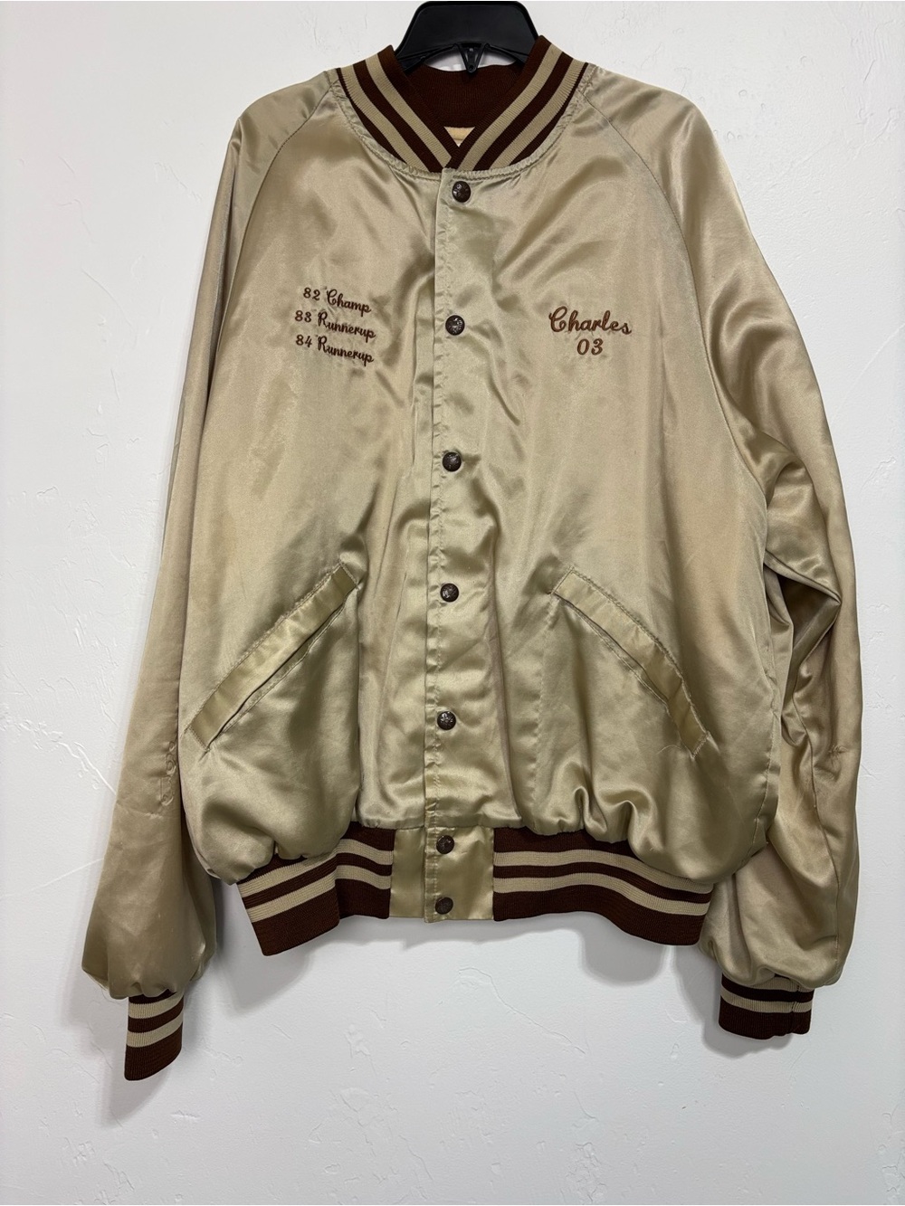 King Louie Men's XL Beige Brown Embroidered Racing Bomber Jacket Snap Pockets